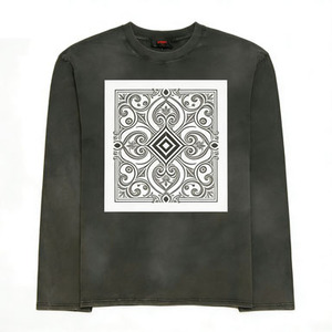<span class=keywords><strong>T</strong></span>-shirt à manches longues gris foncé délavé vintage avec motif imprimé rétro complexe, col rond classique, coupe ample décontractée - Product Image 3