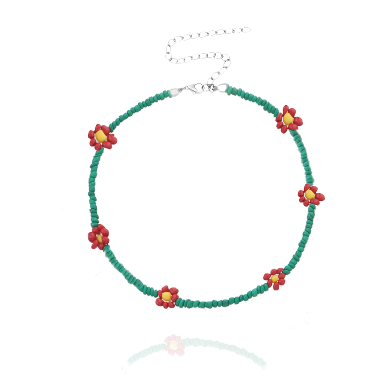 10 perles de riz vert fleurs rouges