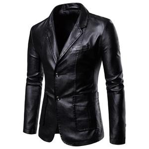 Chaqueta Blazer de Cuero Sintético Negra para Hombre, Corte Entallado, Dos Botones, Informal, Formal, para Oficina, Chaqueta de Cuero PU - Product Image 1