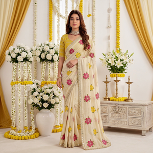 AARA Fashion Cream Floral Printed Silk <b>Saree</b> with <b>Yellow</b> Blouse for Women Traditional Indian Wedding Wear Sun Protection - Product Image 1