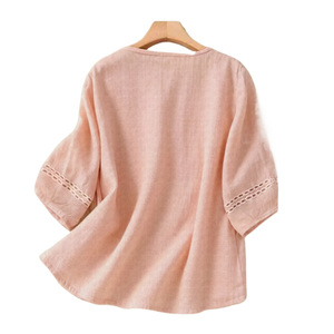 Blusa de Lino para Mujer con Bordado Floral, Cuello Redondo, Manga Tres Cuartos, Estilo Bohemio, Corte Holgado, Top de Primavera/Verano - Product Image 6