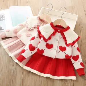 Kids Spring Clothes 2024 High Quality Girls Cute Heart Knit Sweater Skirt Two Pieces Kids Clothing Set Manufacturers Custom