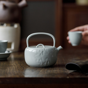 Guanlan Sky Blue Ru Kiln Teapot With Lifting Handle Relief Design Zequan Porcelain Kung Fu <b>Tea</b> <b>Set</b> Single Teapot - Product Image 3