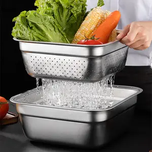 Stainless Steel Square Storage Organizer Tray Drain Basin for Washing Vegetables Rice Food Serving Plates Kitchen Accessories