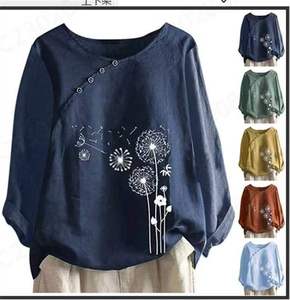 Nueva Camiseta Holgada de Manga Larga con Estampado, Top de Lino y Algodón para Mujer, a la Moda - Product Image 2