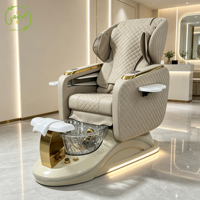 Fauteuil de pédicure spa de luxe avec massage électrique, fauteuil de pédicure en cuir beige pour salon, avec bol en verre et lumière LED