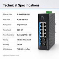 Switch Gigabit Industrial Simple Administrado de 8 Puertos, 4 SFP, Fibra Ethernet, Riel DIN, Doble Alimentación CC 12-52V