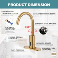 Robinet de lavabo automatique sans contact pour salle de bain, plaque de montage, capteur infrarouge mains libres, cartouche céramique, finition or brossé