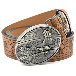 Ceinture en cuir véritable pour homme, en cuir de vachette, boucle argentée, broderie motif tournesol, style vintage, tendances individualistes, vente en gros - Product Image 6