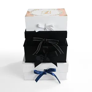 Boîte d'emballage en papier avec fermeture en ruban de grande taille personnalisée pour robe de mariée Boîtes cadeau pliantes plates magnétiques en carton avec logo