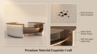 Kiosque à café circulaire avec base en terrazzo, plateau en MDF perforé, auvent en bois, dessus en verre, éclairage LED, design écologique pour centre commercial