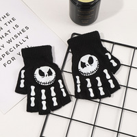 Mitaines en tricot jacquard à motif squelette d'Halloween, mi-doigts, chaudes, pour fête, vente en gros à prix abordable