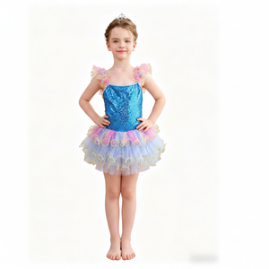 Kids Sparkly Pink Dance Costume Full <b>Sequin</b> Bodice with <b>Rainbow</b> Ruffled Skirt for Girls Stage Performance - Product Image 2