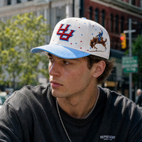 Casquette de baseball structurée à 5 panneaux, style hip-hop streetwear, avec logo brodé 3D en strass de luxe, bicolore blanc et bleu, vente en gros