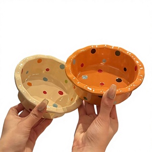 Ciotola in Ceramica da 6 Pollici con Motivo a Pois e Bordo in Pizzo per <span class=keywords><strong>Cibo</strong></span> e Acqua di Cani e Gatti, Adatta a Microonde e Lavastoviglie - Product Image 2