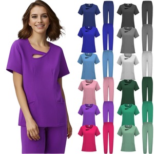 Women Scrub Set Moisture Wicking Knitted Split Uniform Hospital Workwear Stretch Comfortable Operating Room Scrubs - Product Image 1