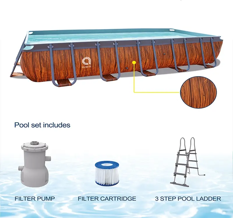 Jilong 2021 17824EU Avenli Frame Plus прямоугольный деревянный бассейн
W/I 800 галлонов фильтр насос, лестничная рама стальной бассейн