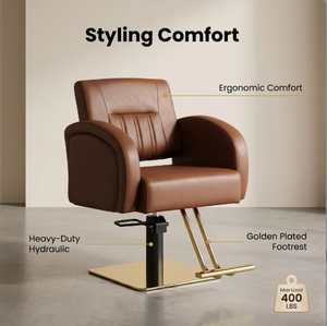 Fauteuil de Barbier Hydraulique Robuste en Cuir Marron Premium avec Base Carrée Dorée Moderne pour Coiffeur - Product Image 1