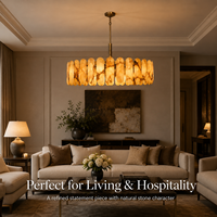 Suspension LED de luxe en pierre d'albâtre naturelle avec abat-jour cloche, durée de vie 50000 heures, finition laiton antique, personnalisable, garantie 2 ans