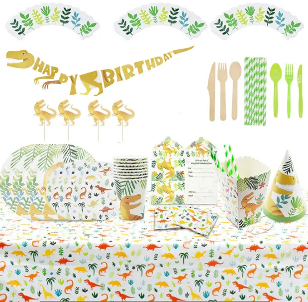Dinosaur Theme Birthday Party Disposable Tableware set Plates Napkins Cups hats boxes Tablecloths Banners cupcakes toppers decor