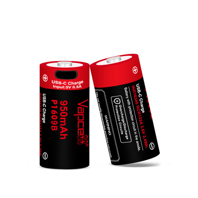Type C Charge 16340 Li-ion Battery Vapcell P1609B 950mah 3.6v 3.4Wh Cr123a 16340Button Top Rechargeable Battery for Flashlight