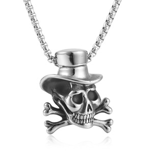 Collar con colgante de calavera de acero inoxidable con sombrero de copa y huesos entrelazados, cadena de 24 cm, color plateado, estilo punk rock para hombre - Product Image 1