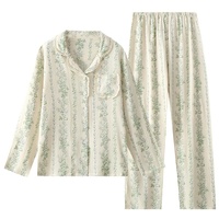 Sweethoney – pyjama en pur coton pour femmes, ensemble de vêtements de maison à manches longues, léger et ample, en crêpe, longueur complète, col à revers, printemps-automne