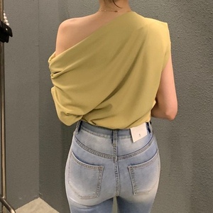 Women's Chic Summer Irregular Slant Shoulder Design Loose Solid Color Pullover Short Sleeve T-shirt Shirt Fashion - Product Image 5