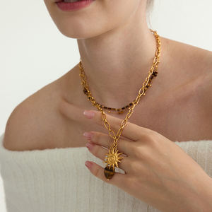 J & D Vintage Otoño Invierno joyería Acero inoxidable sol agua dulce perla tubo facetado redondo corazón Tigereye collar - Product Image 1