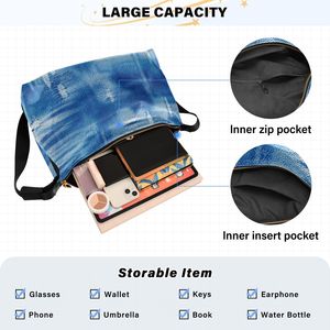Blue Denim Print Shoulder Bag Vintage Bucket Crossbody Handbag Zipper Underarm <b>Purse</b> for Daily Outdoor Use - Product Image 5