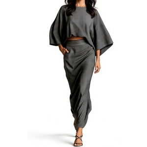 ชุดเสื้อครอปแขนทรงปีกค้างคาวและกระโปรงแม็กซี่รัดรูปสำหรับผู้หญิง - ชุดลำลองแบบเข้าชุด 2 ชิ้น แฟชั่น - Product Image 4