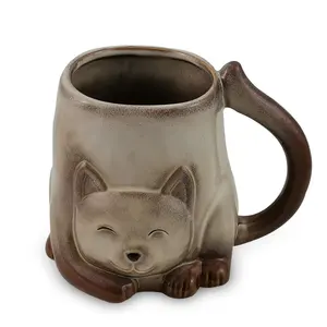Mug Bentuk Kucing 3D Stoneware Reaktif Glasir Hewan 3D Cangkir Mug Keramik Grosir Stoneware Cangkir Kopi Kucing