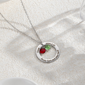 Collar Haomi de Acero Inoxidable con Colgante de Disco Grabado con Números y Letras en Inglés, Piedra de Nacimiento - Product Image 4