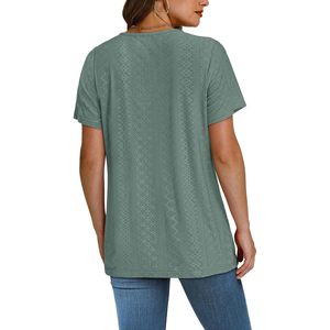 FOXA Women's Eyelet V Neck Short Sleeve T-Shirt Breathable Cotton Pullover <b>Top</b> - Product Image 5