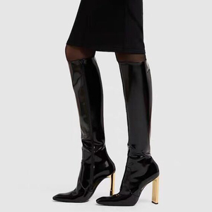 Gold Metal Chunky Heels Long Boots New Trendy Solid Square Toe Women's Knee High Boots Custom Matte Patent <b>Shoes</b> - Product Image 1