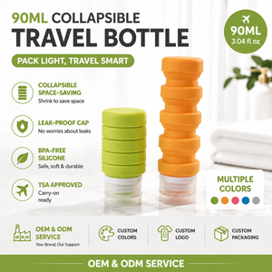 ขวดเดินทางขนาด 90 มล. แบบเติมได้ พับเก็บได้ ปลอดสาร BPA ผลิตจากซิลิโคน เป็นมิตรกับสิ่งแวดล้อม ขวดใส่เครื่องสำอาง ประหยัดพื้นที่ในการเดินทาง รับผลิตแบบ OEM ODM - Product Image 1