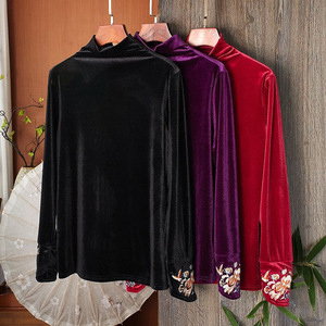 Velvet Turtleneck Long Sleeve <b>Top</b> Women Embroidered <b>Patchwork</b> Soft Base Layer Autumn Winter Fashion Shirt Black Red Purple - Product Image 1