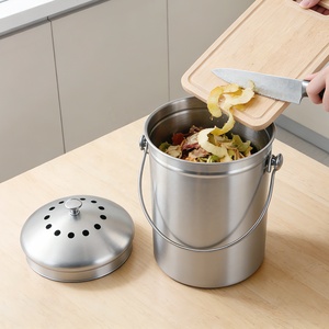 Cylindrical Storage Bucket for Indoor Use Stainless Steel <b>Kitchen</b> <b>Compost</b> <b>Bin</b> with Lid and Handle - Product Image 2