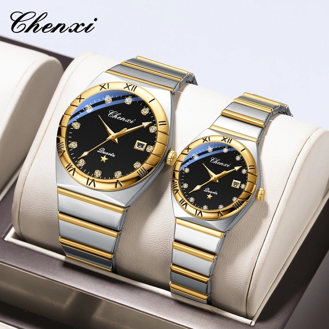 CHENXI 640 Couple Quartz Watch Stainless Steel Original Wrist Watches for Men Women Luxury Diamond Calendar Dial Casual Clock