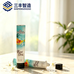 หลอดบีบ LDPE สีฟ้าขาวสองสี พิมพ์ลายผลไม้เขตร้อนสีสันสดใส หลอดนิ่มแบบมีฝาเกลียว สำหรับเครื่องสำอางและน้ำมันหอมระเหย - Product Image 2
