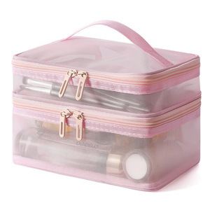 Double Layer Mesh Cosmetic Bag Portable Breathable <b>Makeup</b> Organizer with Handle for Travel OEM Supported - Product Image 4