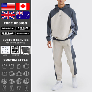 Ensemble de survêtement décontracté KingSen 100 % coton, coupe ample, blocs de couleur, manches raglan, sweat-shirt patchwork et pantalon de jogging avec logo personnalisé - Product Image 2