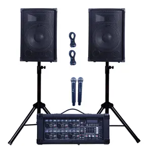 1000W 2x12 "Loa Siêu Trầm Di Động PA Hệ Thống Loa Bt TWS Karaoke Bộ 6 Kênh Powered Mixer Không Dây Microphone Gỗ OEM AC 250W