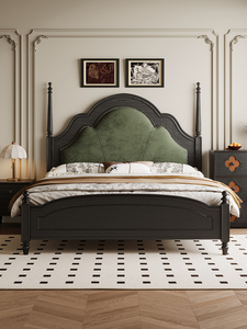 New Subsidy Solid Wood French Double Bedroom <b>Bed</b> 1.8 Meters Dark Green Flannel Soft <b>Bag</b> High Column Frame Guangdong New Subsidy - Product Image 1