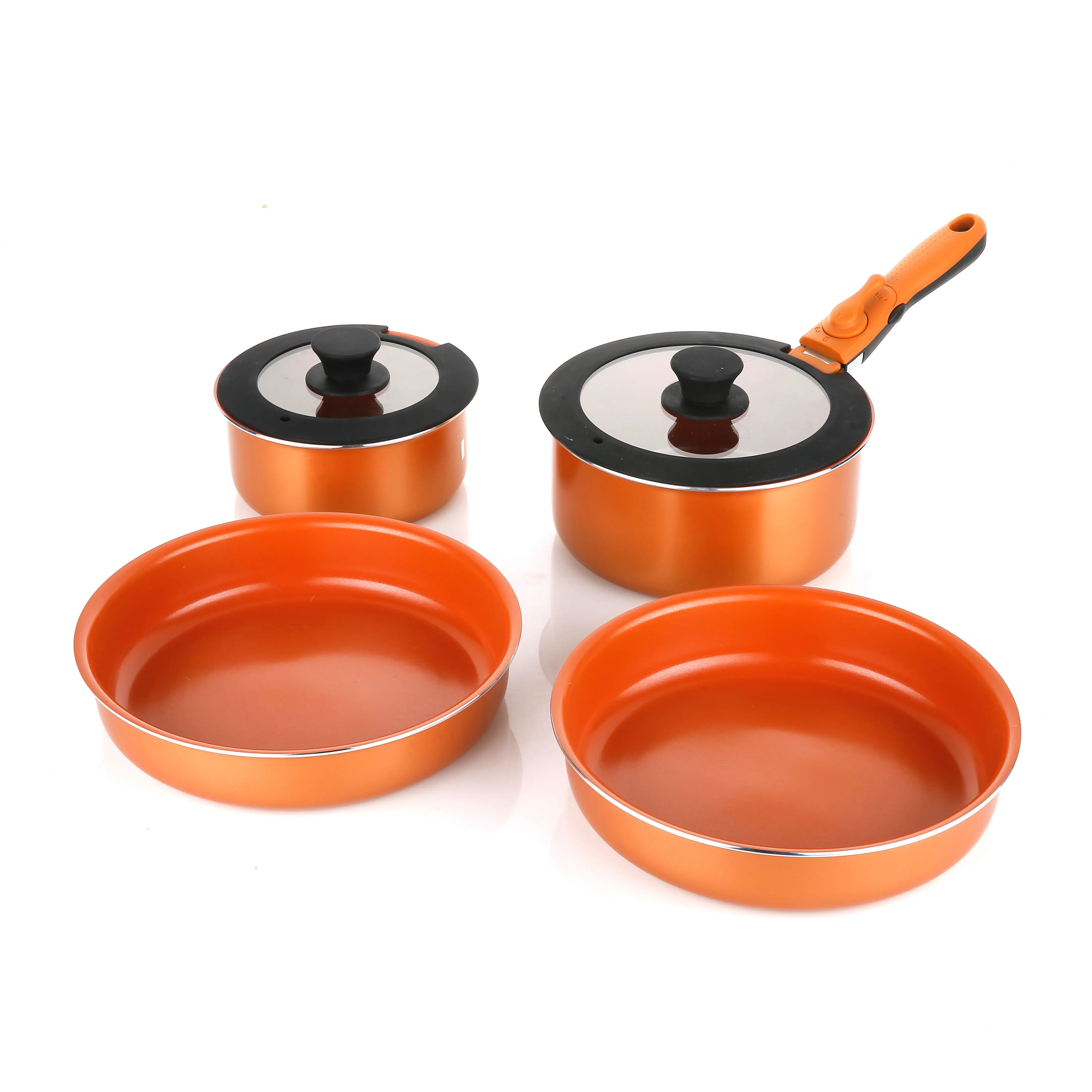 4PCS Ceramic Nonstick Cookware Set with Detachable Handle Orange Space-Saving Pan