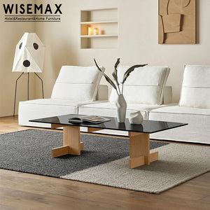 WISEMAX FURNITURE Tavolino da <span class=keywords><strong>Caffè</strong></span> Nordico Moderno Rettangolare con Base in Legno di Quercia Massiccio e Piano in Vetro per Soggiorno - Product Image 1