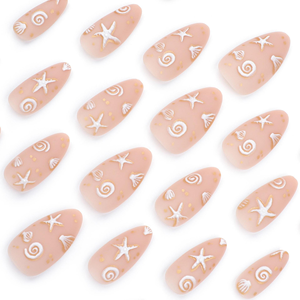 Faux ongles personnalisés de style français, 24 pièces, couverture complète, coquilles 3D minimalistes océaniques, en forme d'étoile, faux ongles courts en forme d'amande - Product Image 6