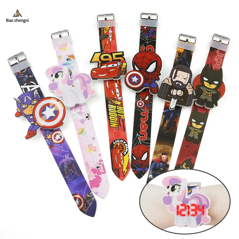 Wholesale New design character cartoon image press display led time silicone soft band single side color printing cartoon watch