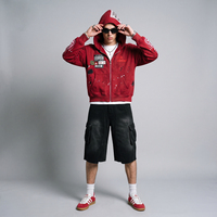 Sweat-shirt à capuche zippé pour homme, style streetwear, en coton épais, avec effet délavé, éclaboussures de peinture, patchwork et broderie usée