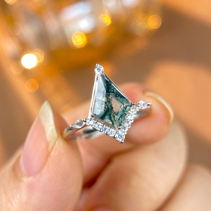 Wholesale 925 Sterling Silver Rhodium Plated Prong Set Natural <strong>Moss</strong> <strong>Agate</strong> Square Cut Fine Jewelry Women's <strong>Rings</strong> - Product Image 2